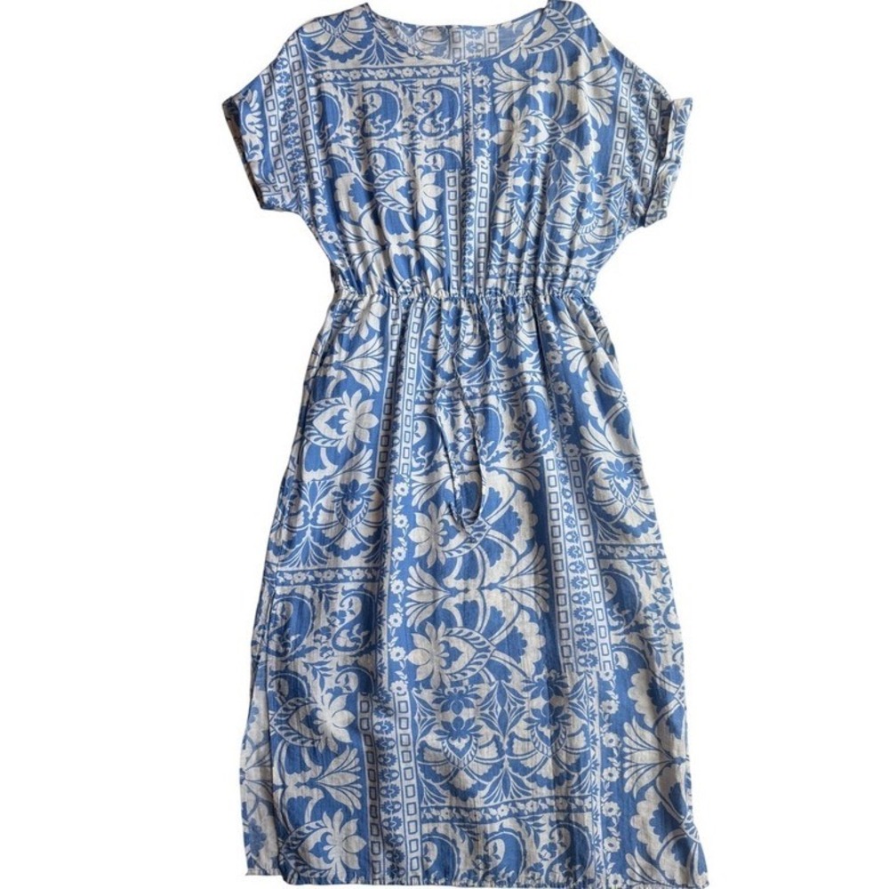 SHEIN Blue White Floral Damask Midi Dress XL Short‎ Sleeve Drawstring Waist Slit